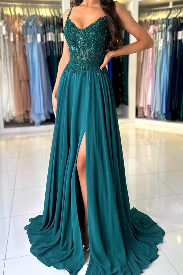 Dreamyannie Green Prom Dress A Line Spaghetti Straps Lace Evening Dress With Slit