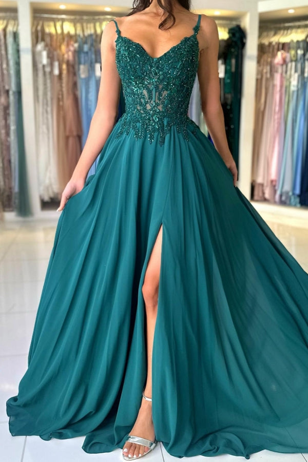 Dreamyannie Green Prom Dress A Line Spaghetti Straps Lace Evening Dress With Slit