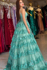 Dreamyannie Green Prom Dress A Line Spaghetti Straps Sequined Lace Evening Dress