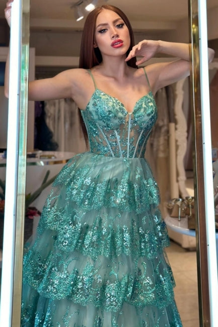 Dreamyannie Green Prom Dress A Line Spaghetti Straps Sequined Lace Evening Dress