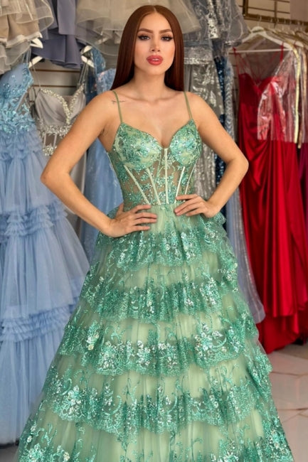 Dreamyannie Green Prom Dress A Line Spaghetti Straps Sequined Lace Evening Dress