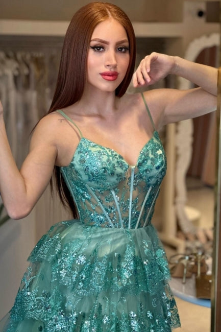 Dreamyannie Green Prom Dress A Line Spaghetti Straps Sequined Lace Evening Dress