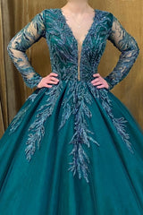 Dreamyannie Green Prom Dress A Line V Neck Sleeves Sequined Ball Gown Tulle Formal Dress With Appliques