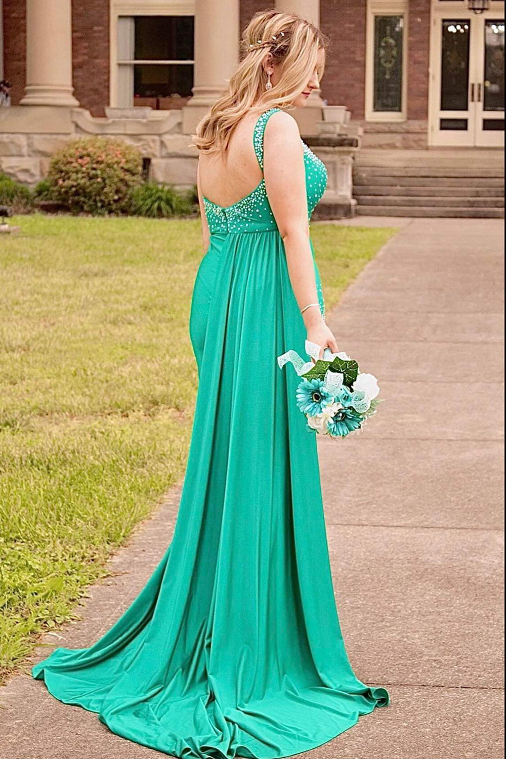 Dreamyannie Green Prom Dress Beaded Side Cape Mermaid Long Evening Dress With Slit