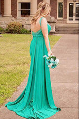 Dreamyannie Green Prom Dress Beaded Side Cape Mermaid Long Evening Dress With Slit