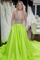 Dreamyannie Green Prom Dress Halter Neck A Line Evening Dress With Pockets