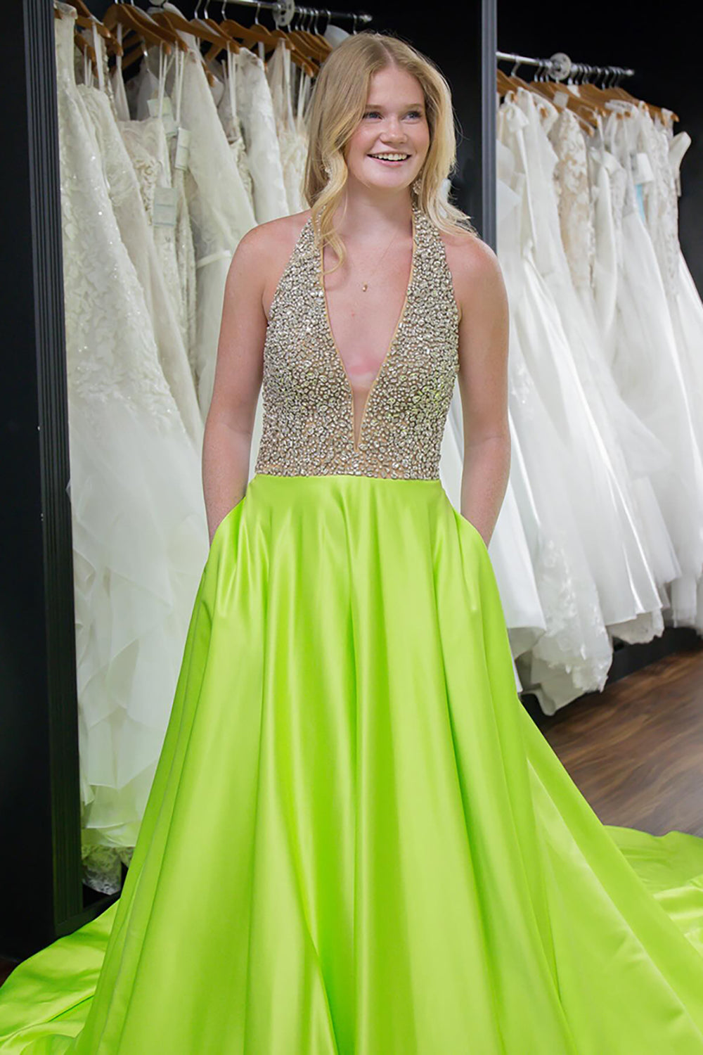 Dreamyannie Green Prom Dress Halter Neck A Line Evening Dress With Pockets