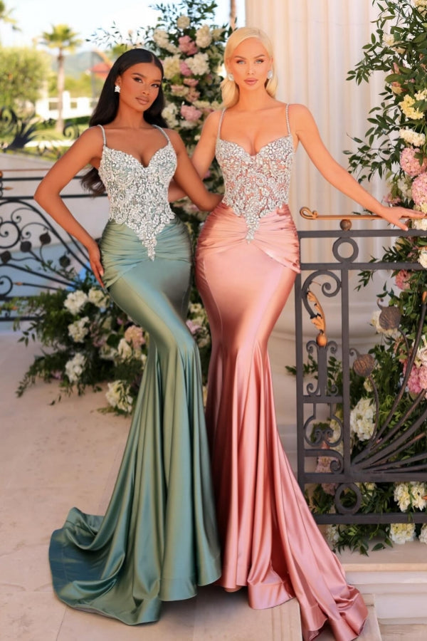 Dreamyannie Green Prom Dress Mermaid Spaghetti Straps Lace Satin Formal Dress