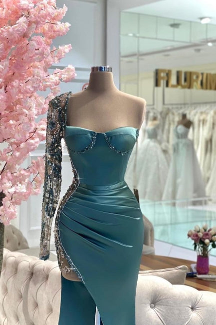 Dreamyannie Green Prom Dress Mermaid Strapless One Shoulder Beaded Satin Slit Formal Dress