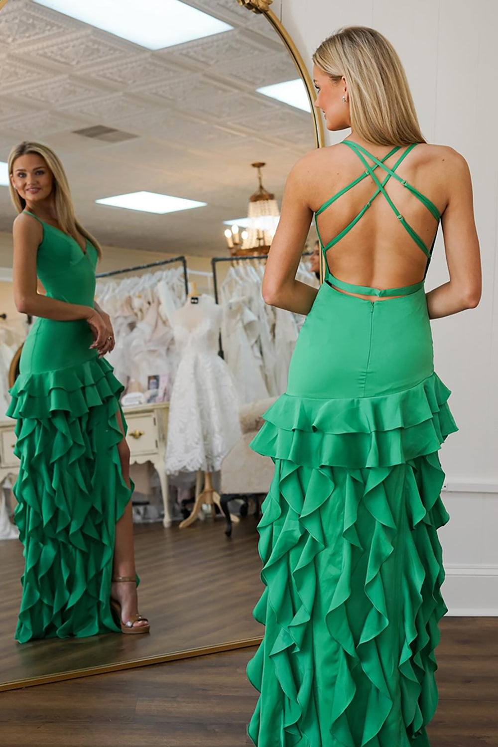 Dreamyannie Green Prom Dress Ruffled Backless Long Formal Dress With Slit