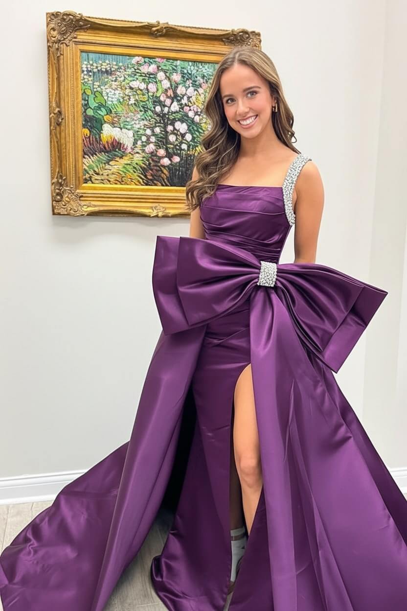 Dreamyannie Green Prom Dress Satin Beaded A Line Long Pageant Dress With Bow