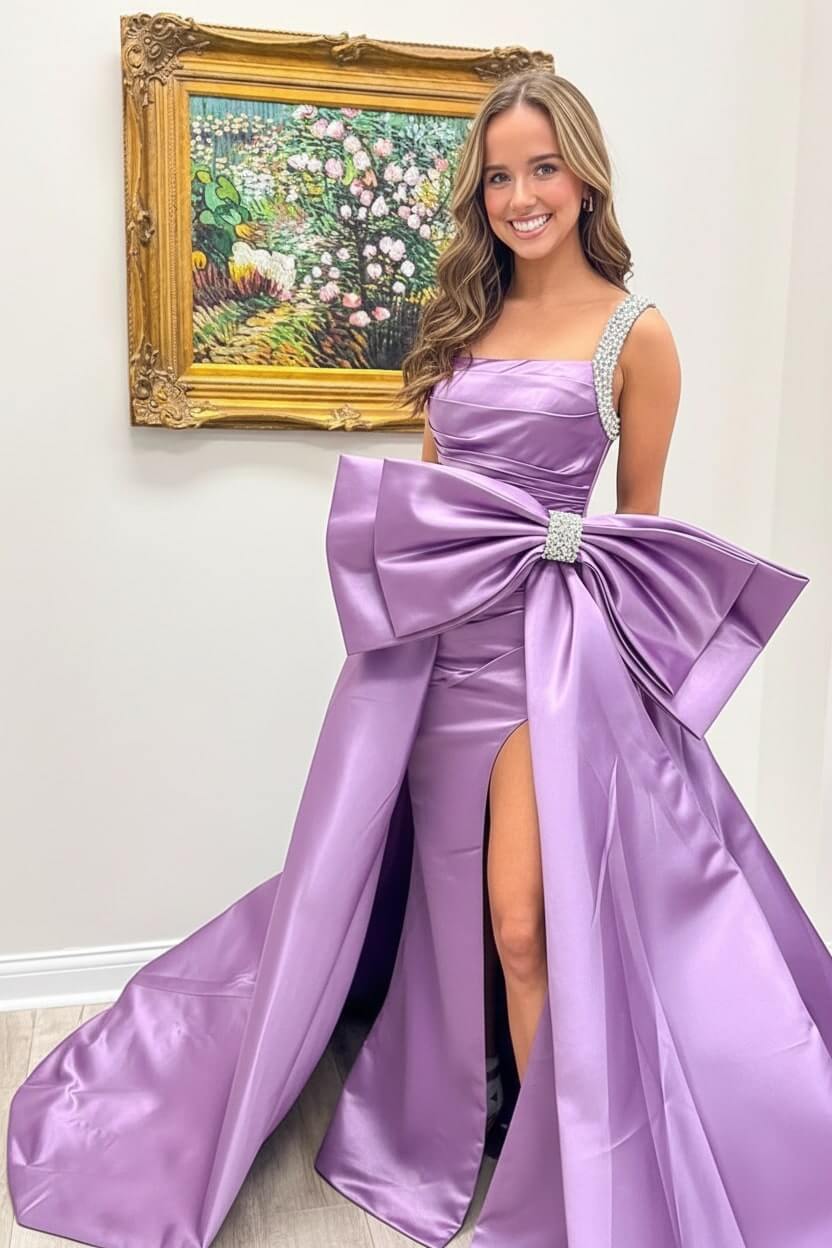 Dreamyannie Green Prom Dress Satin Beaded A Line Long Pageant Dress With Bow