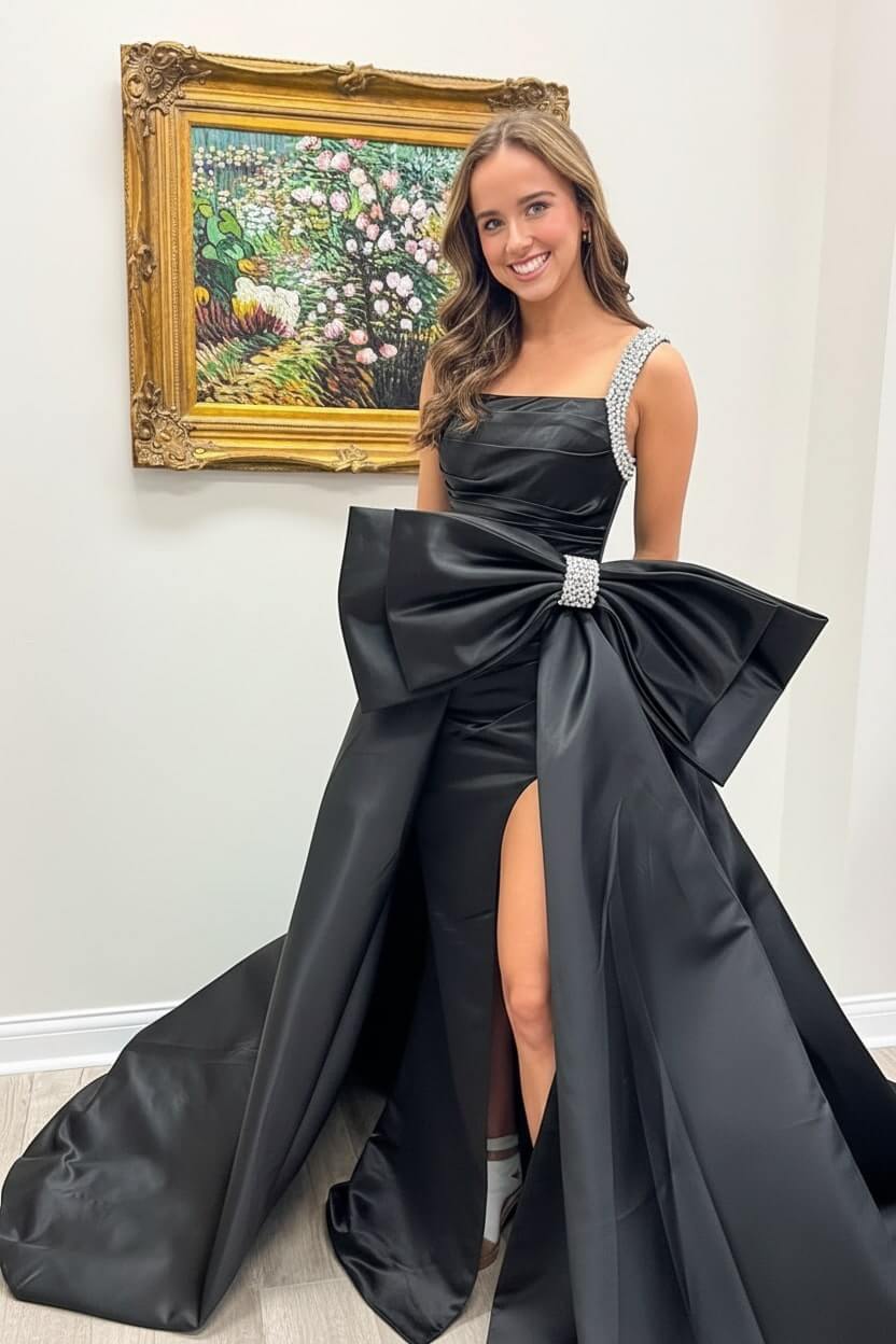 Dreamyannie Green Prom Dress Satin Beaded A Line Long Pageant Dress With Bow