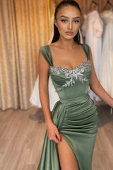 Dreamyannie Green Prom Dress Sleeveless Lace Satin Evening Dress With Slit