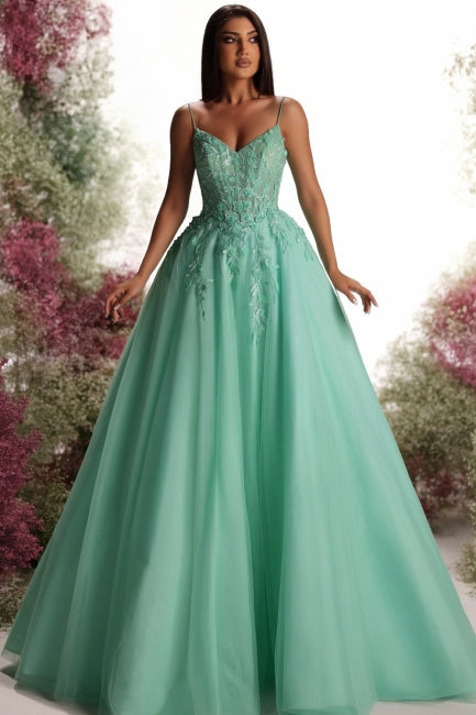 Dreamyannie Green Prom Dress V Neck A Line Spaghetti Strap Sleeveless Ball Gown 3D Flowers Tulle Formal Dress