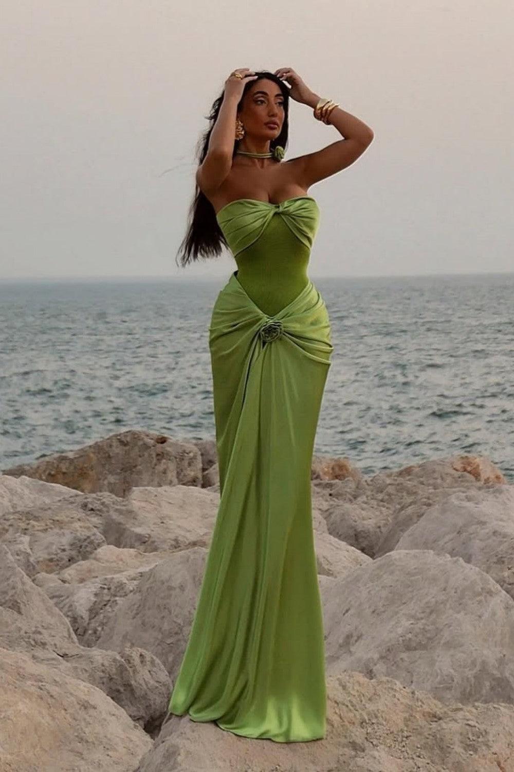 Dreamyannie Green Ruched Bodice Mermaid Draped Maxi Prom Dress With Rosette Detail Formal Evening Gown