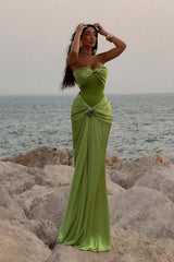 Dreamyannie Green Ruched Bodice Mermaid Draped Maxi Prom Dress With Rosette Detail Formal Evening Gown
