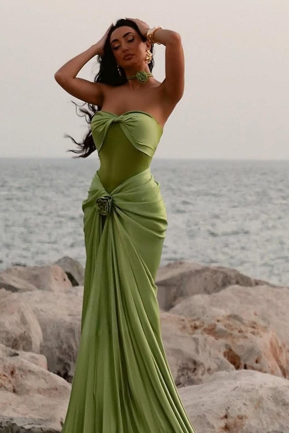 Dreamyannie Green Ruched Bodice Mermaid Draped Maxi Prom Dress With Rosette Detail Formal Evening Gown