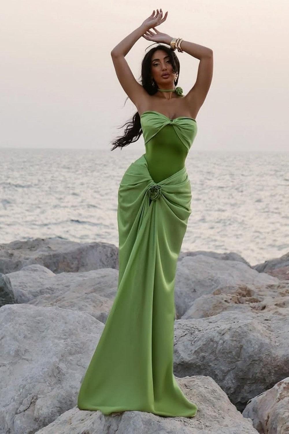 Dreamyannie Green Ruched Bodice Mermaid Draped Maxi Prom Dress With Rosette Detail Formal Evening Gown