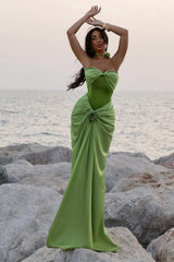 Dreamyannie Green Ruched Bodice Mermaid Draped Maxi Prom Dress With Rosette Detail Formal Evening Gown