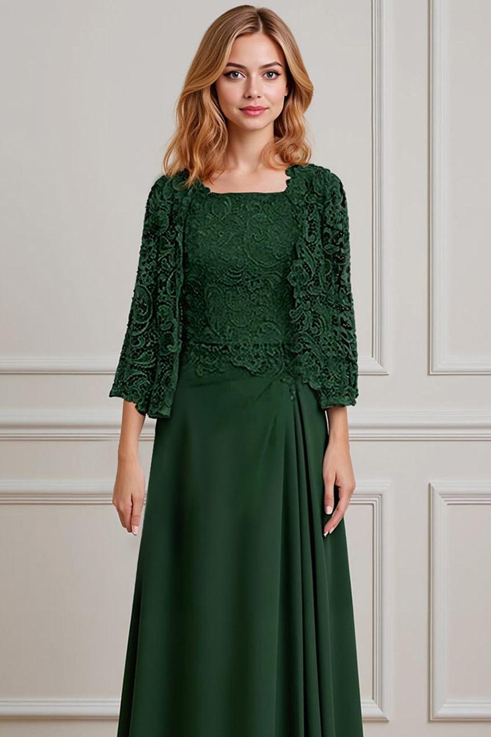 Dreamyannie Green Sheath Chiffon Floor Length 2 Piece Mother Of The Bride Dress With Jacket