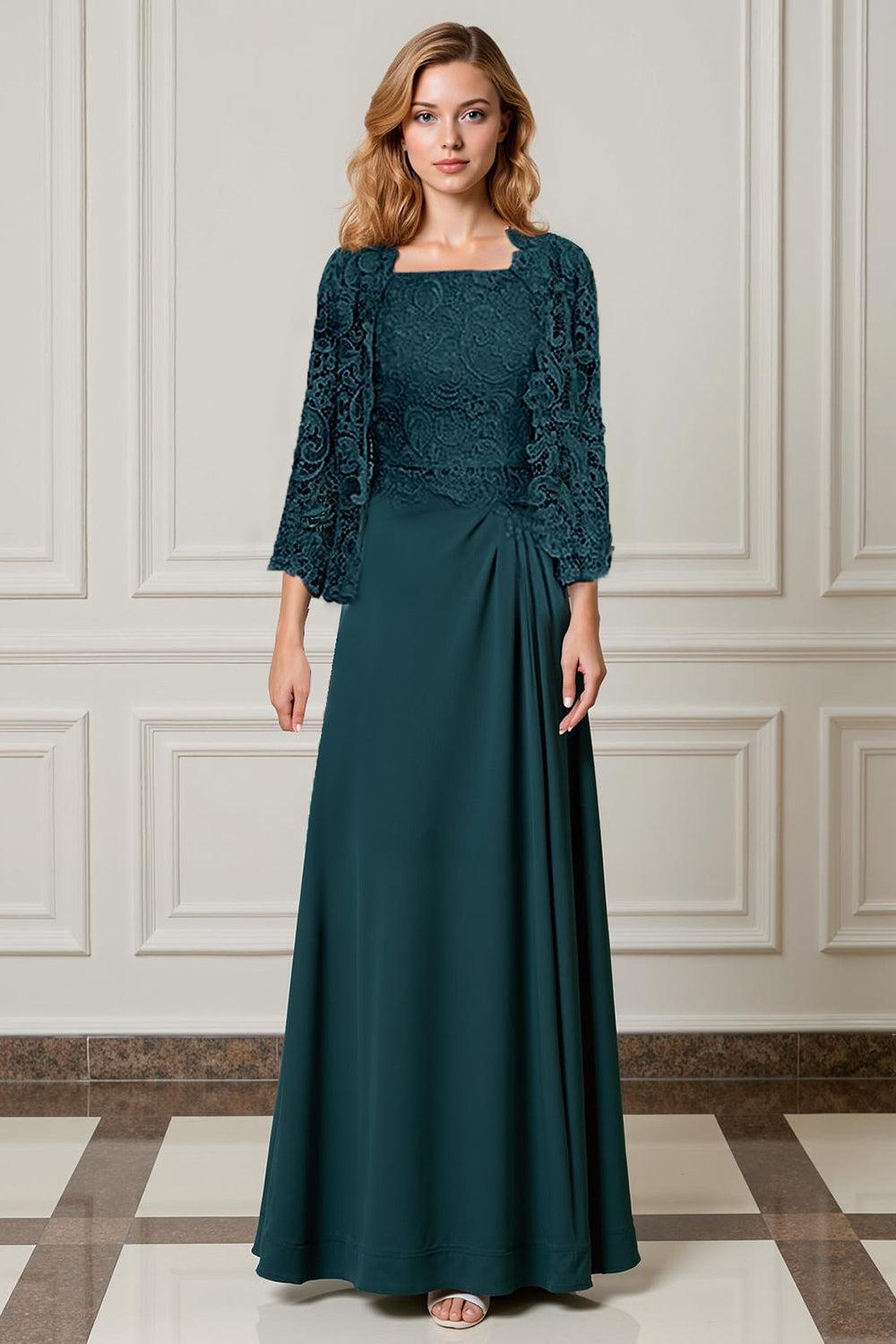 Dreamyannie Green Sheath Chiffon Floor Length 2 Piece Mother Of The Bride Dress With Jacket
