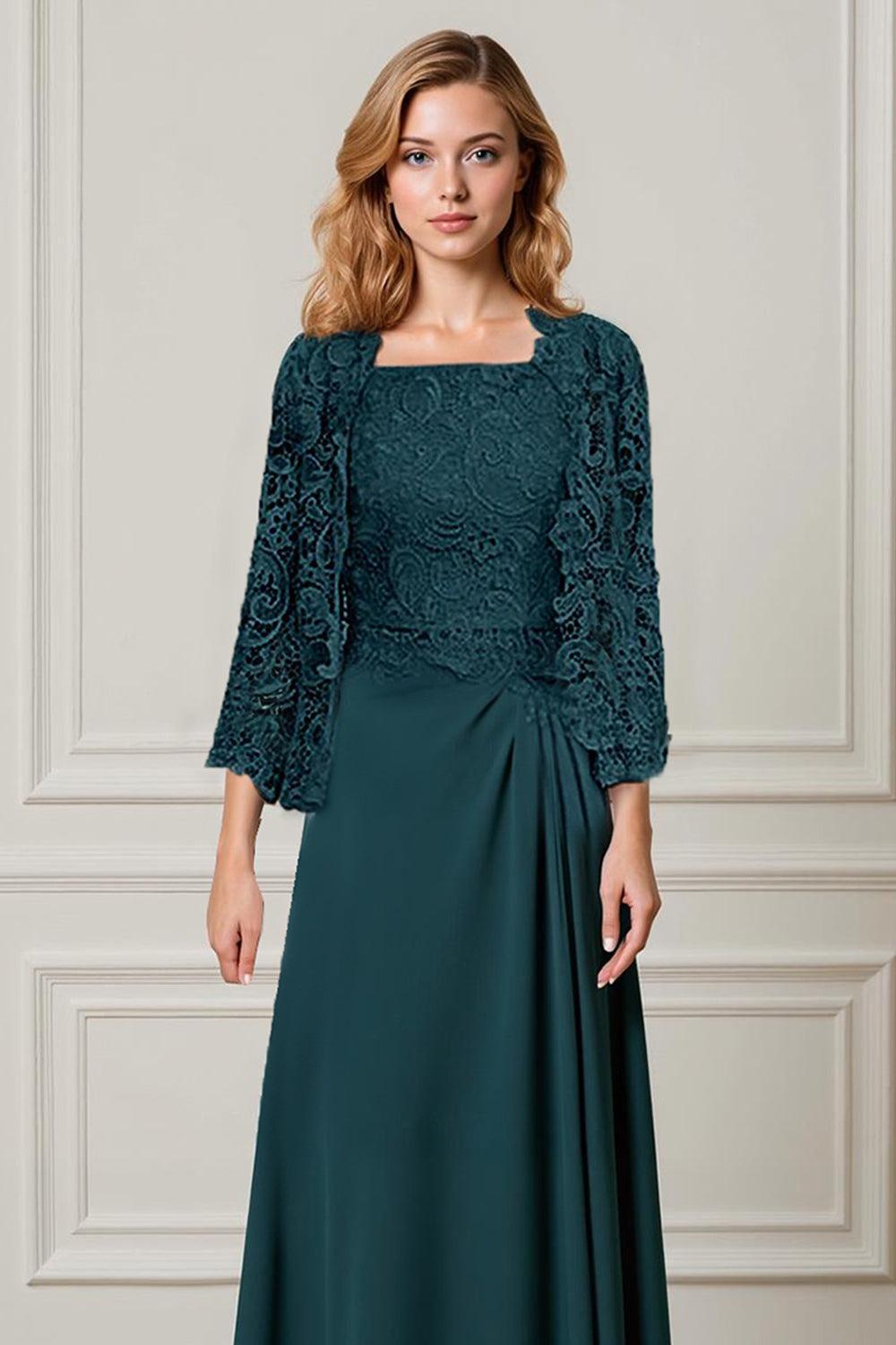 Dreamyannie Green Sheath Chiffon Floor Length 2 Piece Mother Of The Bride Dress With Jacket
