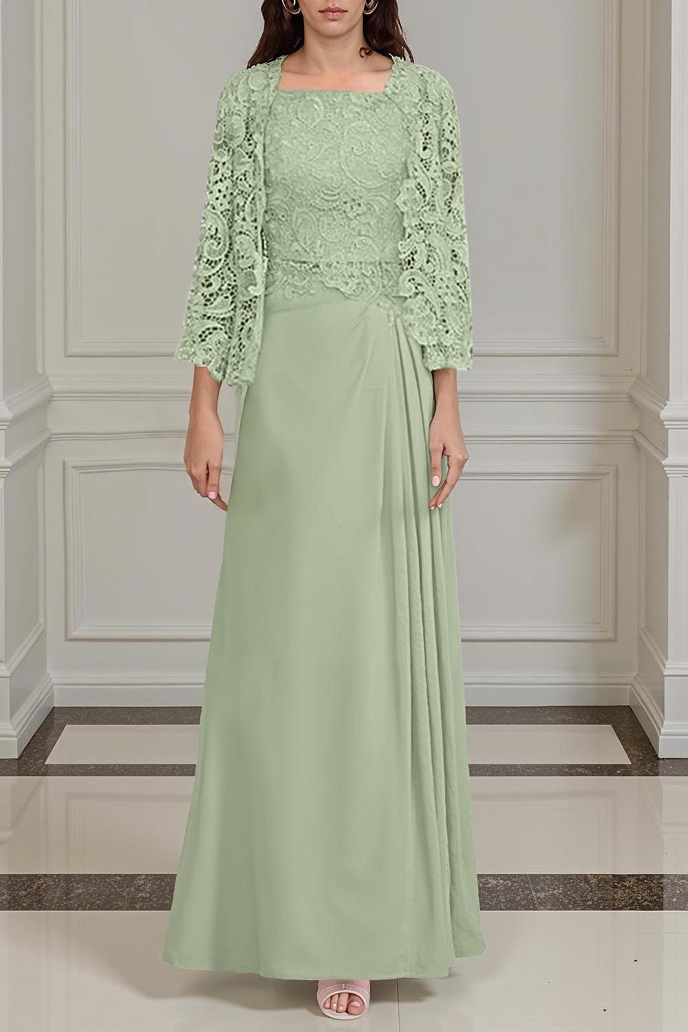 Dreamyannie Green Sheath Chiffon Floor Length 2 Piece Mother Of The Bride Dress With Jacket