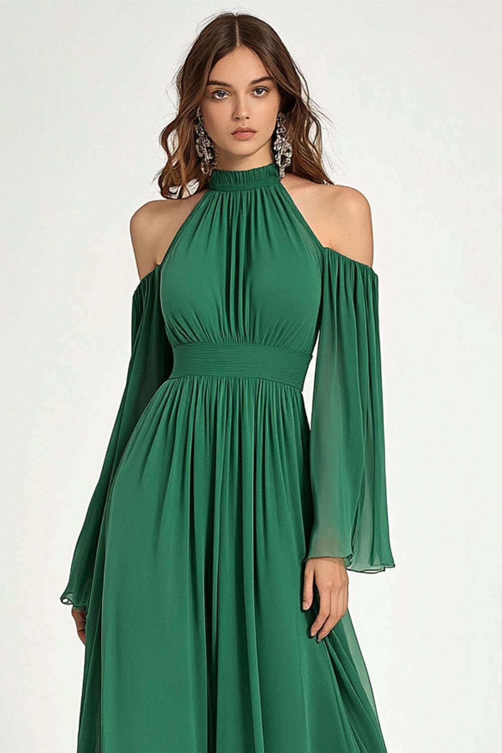 Dreamyannie Green Wedding Guest Dress A Line Cold Shoulder Halter Long Formal Dress