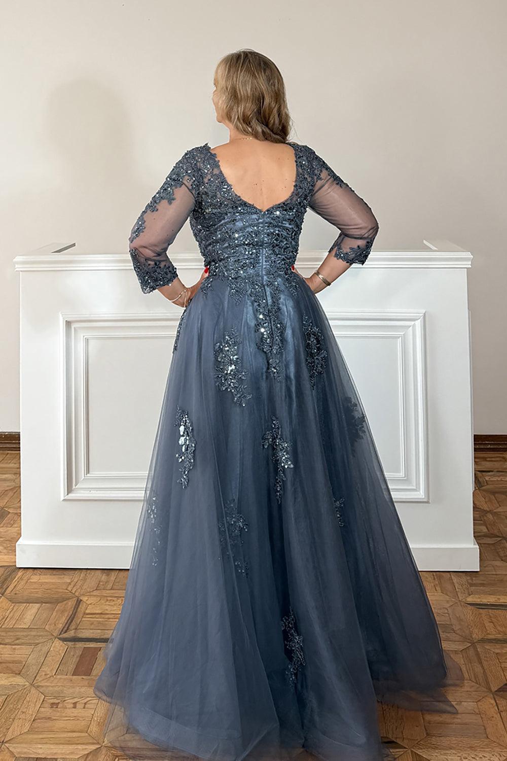 Dreamyannie Grey Blue Floral Beaded Long Mother Of The Bride Dress With Lace
