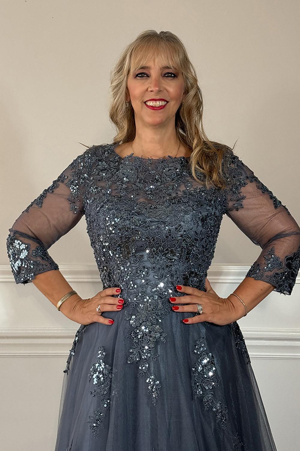 Dreamyannie Grey Blue Floral Beaded Long Mother Of The Bride Dress With Lace