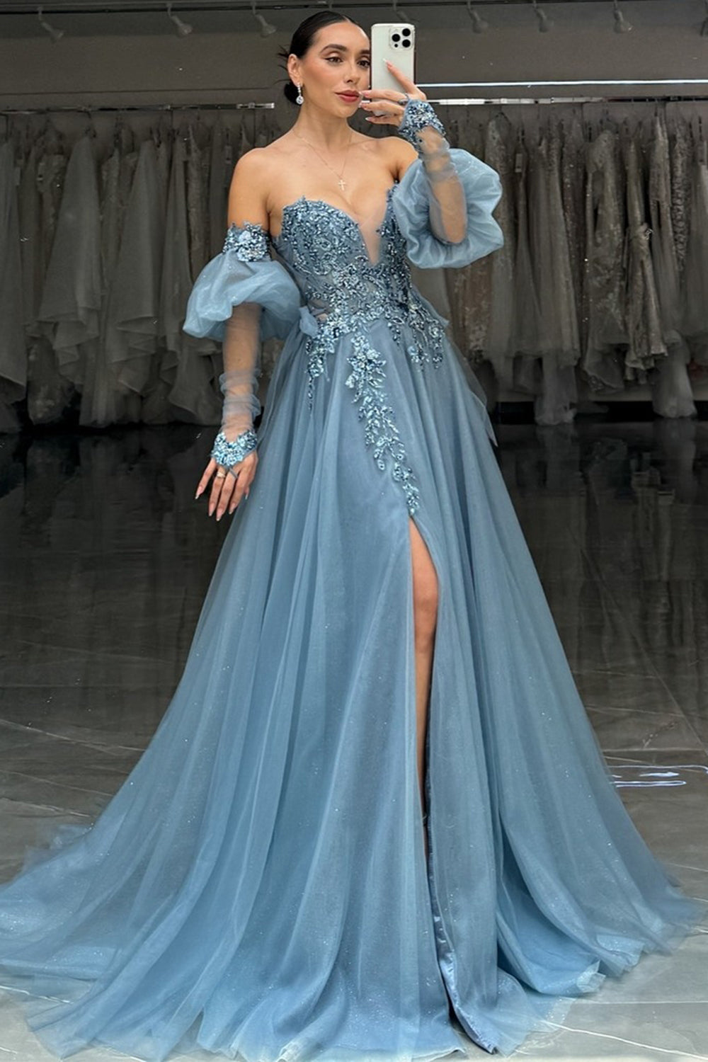 Dreamyannie Grey Blue Prom Dress A-Line Appliques Evening Dress With Slit