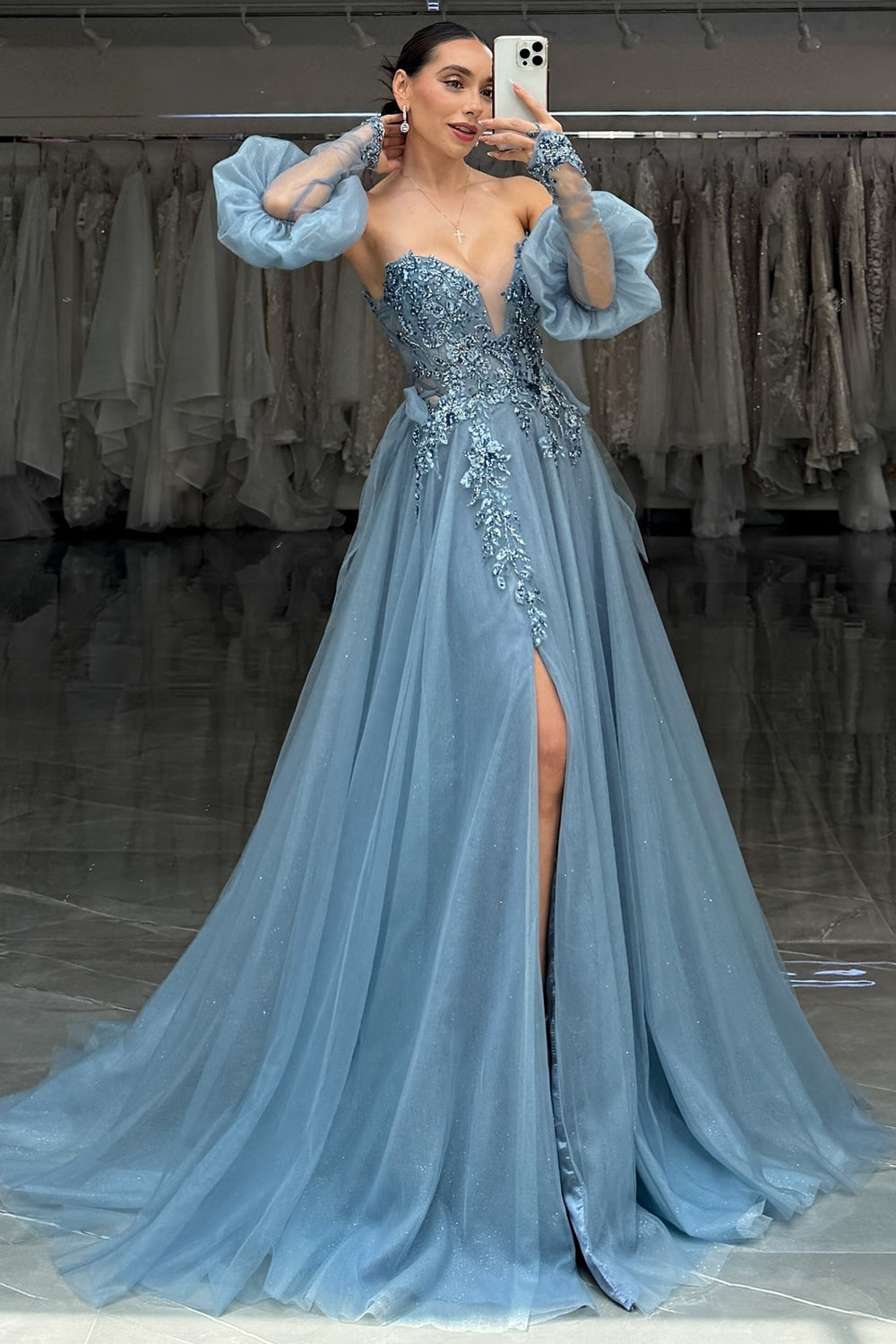 Dreamyannie Grey Blue Prom Dress A-Line Appliques Evening Dress With Slit