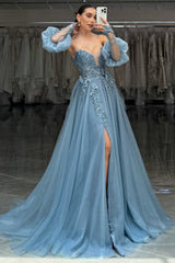 Dreamyannie Grey Blue Prom Dress A-Line Appliques Evening Dress With Slit