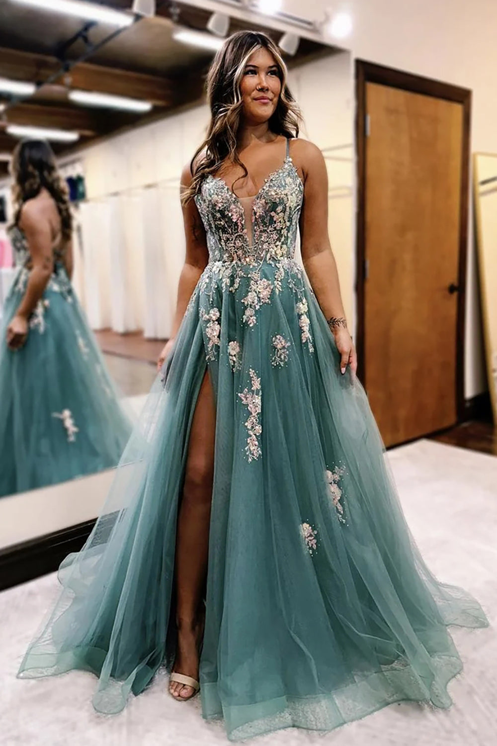 Dreamyannie Grey Blue Prom Dress Floral Spaghetti Straps Evening Dress With Slit