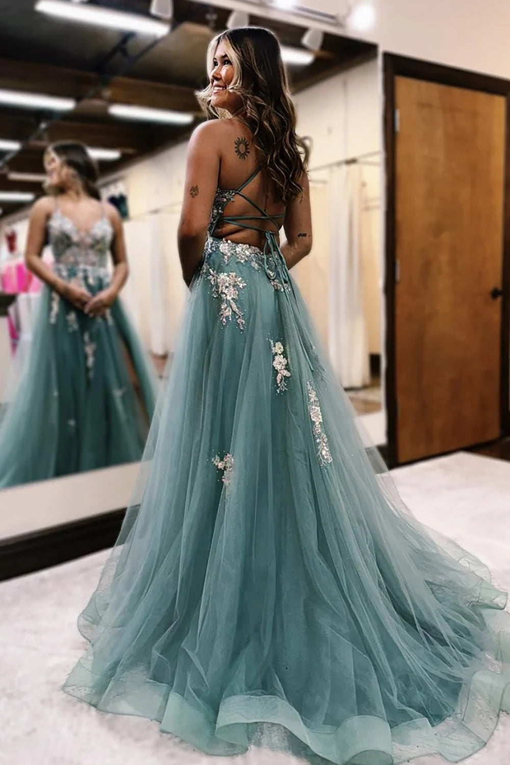 Dreamyannie Grey Blue Prom Dress Floral Spaghetti Straps Evening Dress With Slit