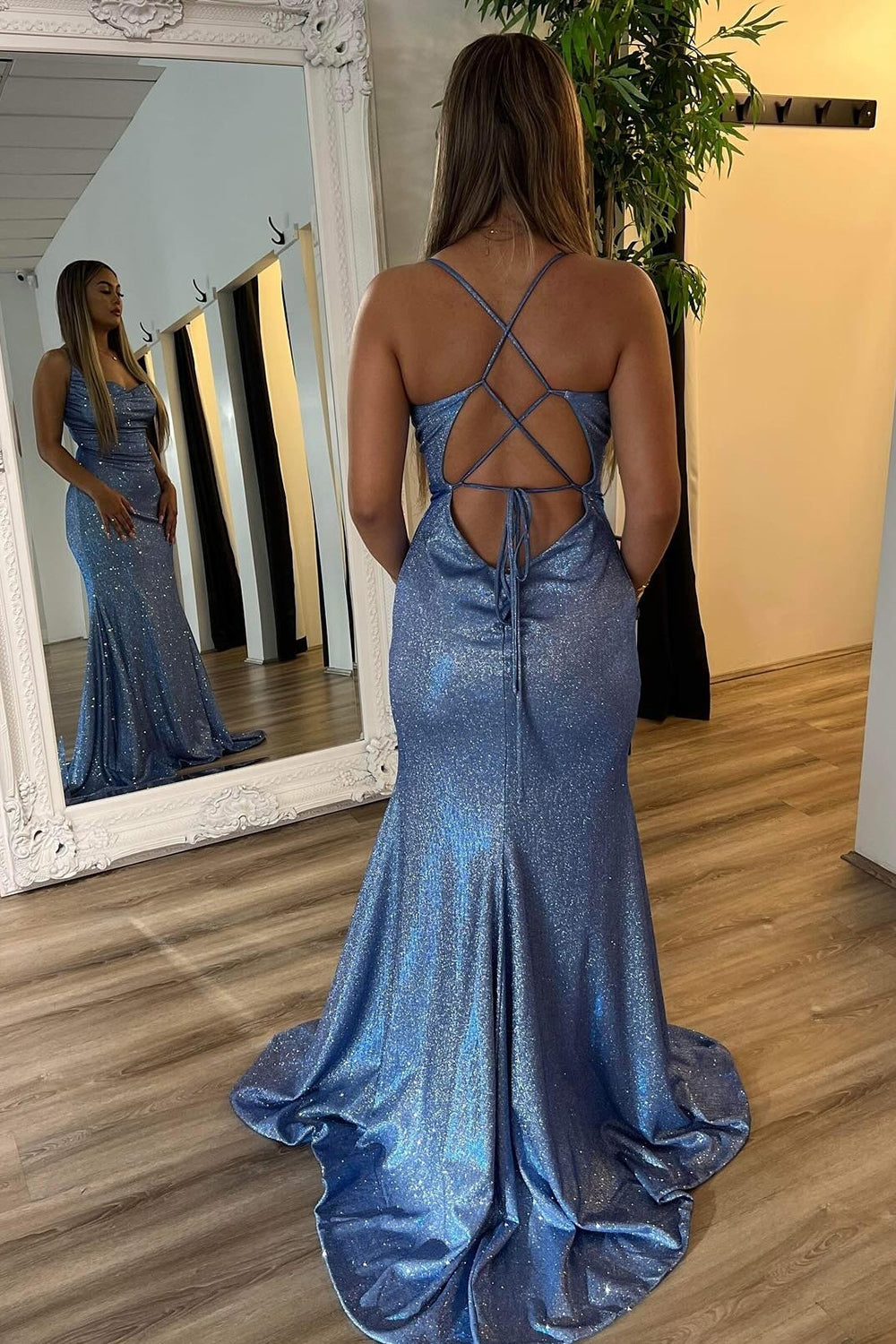 Dreamyannie Grey Blue Prom Dress Mermaid Long Evening Dress