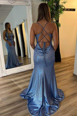 Dreamyannie Grey Blue Prom Dress Mermaid Long Evening Dress