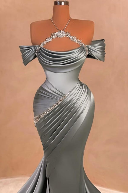 Dreamyannie Grey Blue Prom Dress Mermaid Strapless Halter Off The Shoulder Beaded Satin Formal Dress