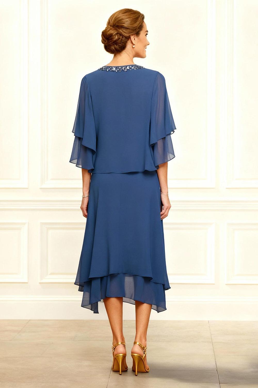 Dreamyannie Grey Blue V Neck Beaded 2 Piece Tea Length Mother Of The Bride Dress With Jacket