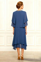 Dreamyannie Grey Blue V Neck Beaded 2 Piece Tea Length Mother Of The Bride Dress With Jacket