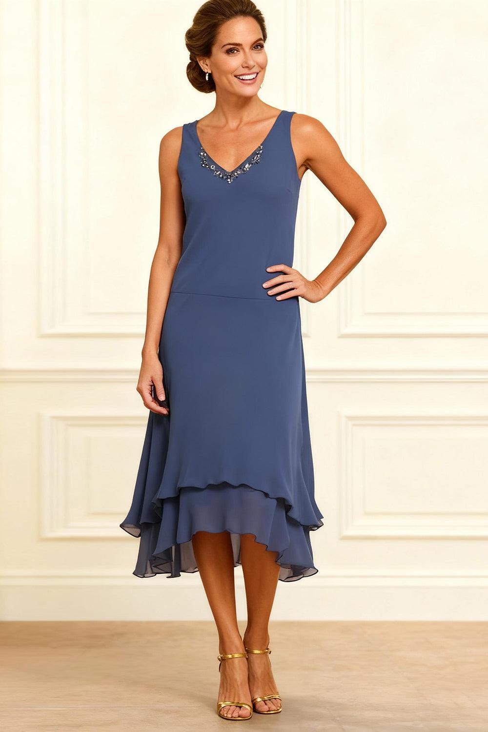 Dreamyannie Grey Blue V Neck Beaded 2 Piece Tea Length Mother Of The Bride Dress With Jacket