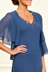 Dreamyannie Grey Blue V Neck Beaded 2 Piece Tea Length Mother Of The Bride Dress With Jacket