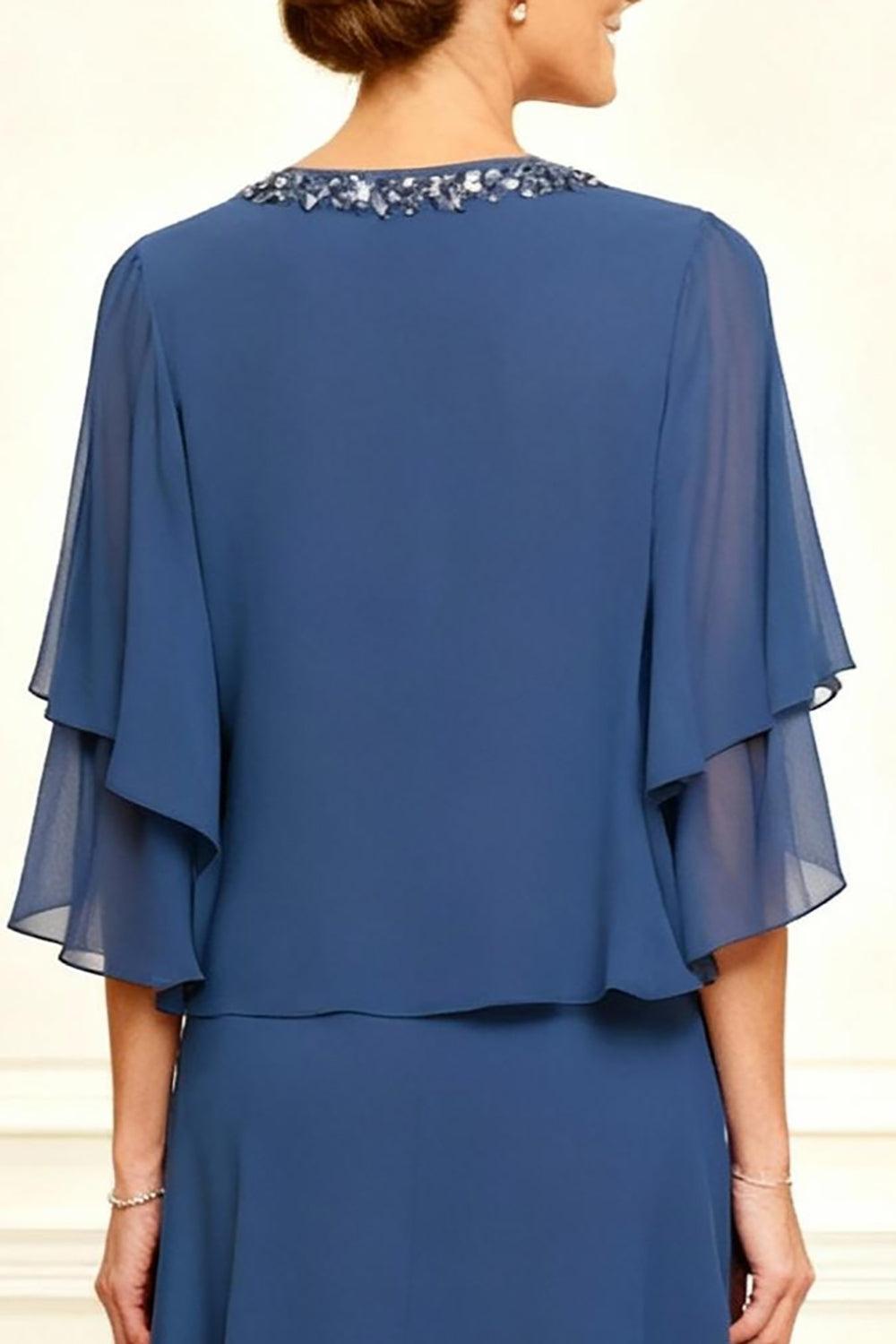 Dreamyannie Grey Blue V Neck Beaded 2 Piece Tea Length Mother Of The Bride Dress With Jacket