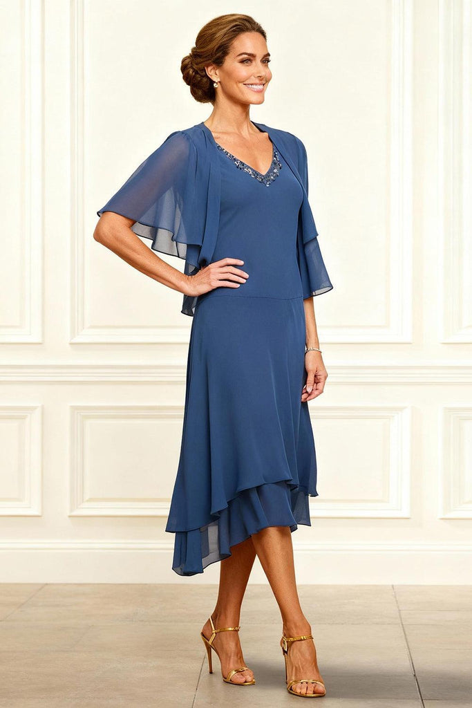 beaded tea length mother of the bride dresses Dreamyannie UK Grey Blue V Neck 2 Piece Dress With Jacket Lace Kledingmaten:M LowStock:43642535247923 Sequin High Neck Open Timeless and elegant dresses