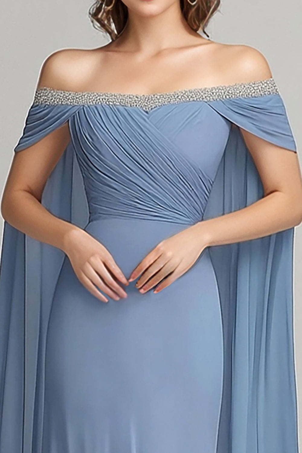 Dreamyannie Grey Blue Wedding Guest Dress Chiffon Off The Shoulder Formal Dress With Cape