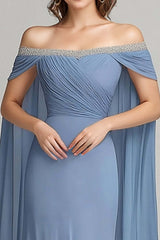 Dreamyannie Grey Blue Wedding Guest Dress Chiffon Off The Shoulder Formal Dress With Cape