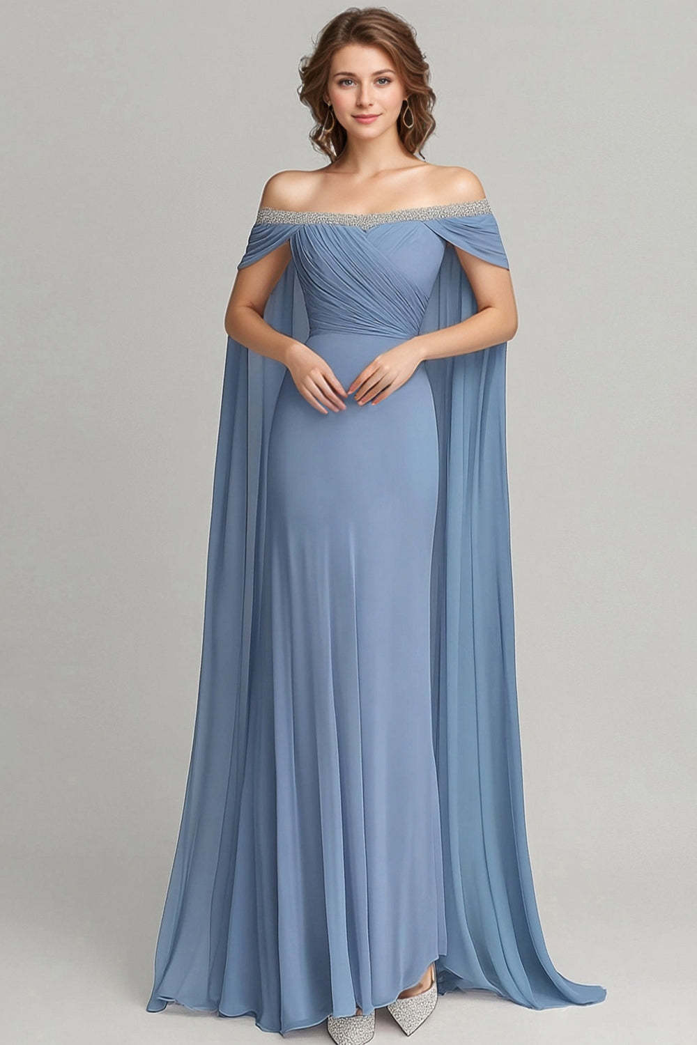Dreamyannie Grey Blue Wedding Guest Dress Chiffon Off The Shoulder Formal Dress With Cape