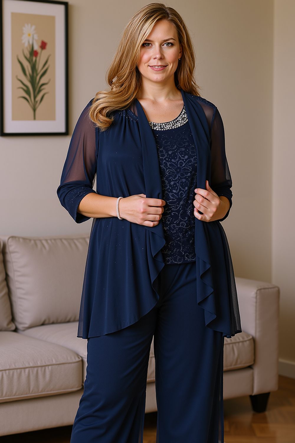Dreamyannie Grey Chiffon Scoop Neck 3 Piece Mother Of The Bride Pant Suits With Jacket