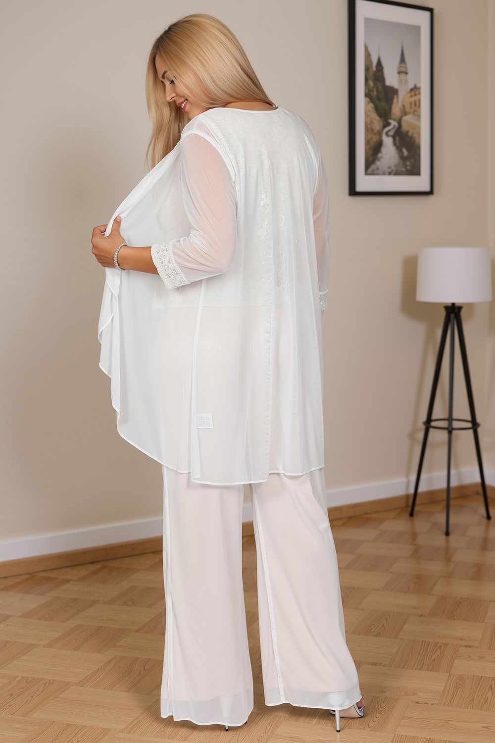 Dreamyannie Grey Chiffon Scoop Neck 3 Piece Mother Of The Bride Pant Suits With Jacket